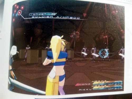 A battle scene with the camera positioned behind "Rikku"